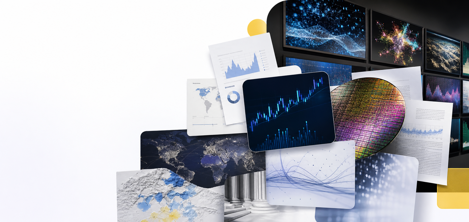 Research papers, charts, and data visualization collage